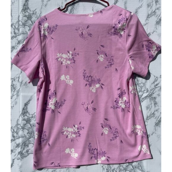 Style & Co Womens Floral Print Short Sleeve Tee OX Millie Pink Made In Indonesia - Picture 2 of 10